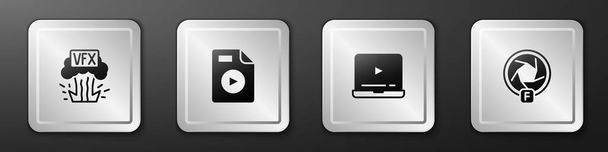 Ustaw VFX, dokument AVI, Odtwarzanie wideo online i ikonę migawki kamery. Srebrny przycisk. Wektor - Wektor, obraz