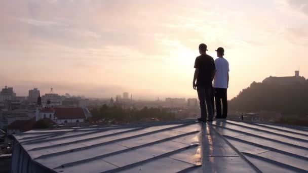 Two young skateboarders standing on rooftop - Footage, Video