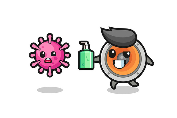 illustration of loudspeaker character chasing evil virus with hand sanitizer , cute style design for t shirt, sticker, logo element - Vector, Image