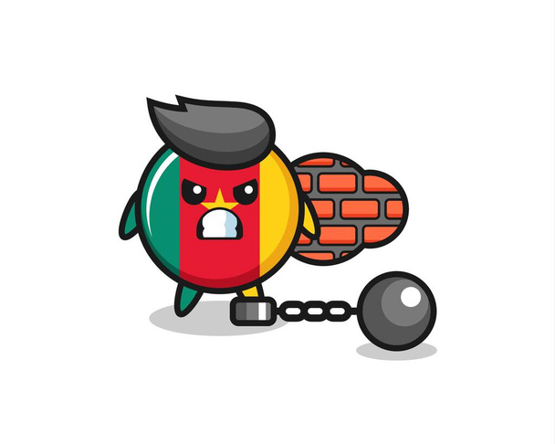 Mascote de personagem de crachá de bandeira de camarões como prisioneiro, design de estilo bonito para t-shirt, adesivo, elemento logotipo - Vetor, Imagem