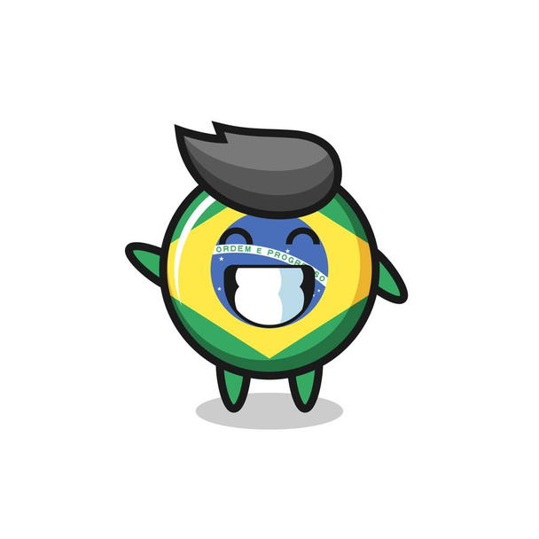 bandera brasileña insignia personaje de dibujos animados haciendo gesto mano ola, lindo diseño de estilo para camiseta, pegatina, elemento de logotipo - Vector, Imagen