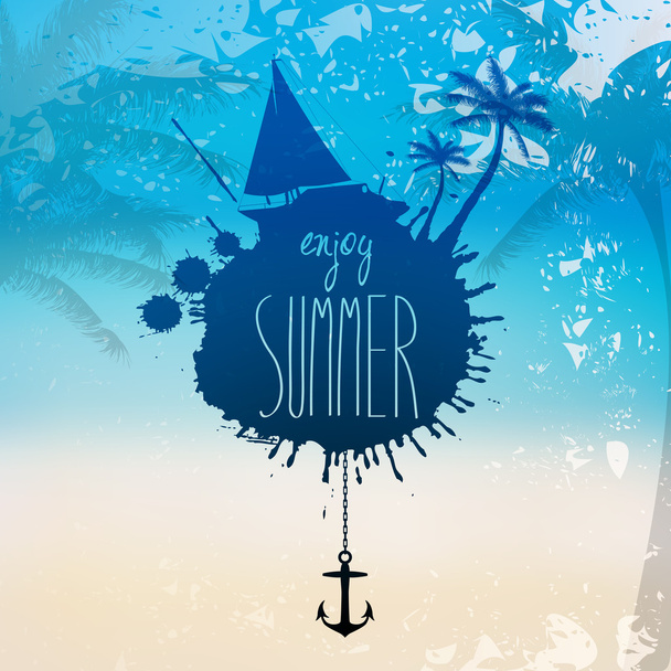 Vector grunge summer illustration with yacht and palm trees  - ベクター画像