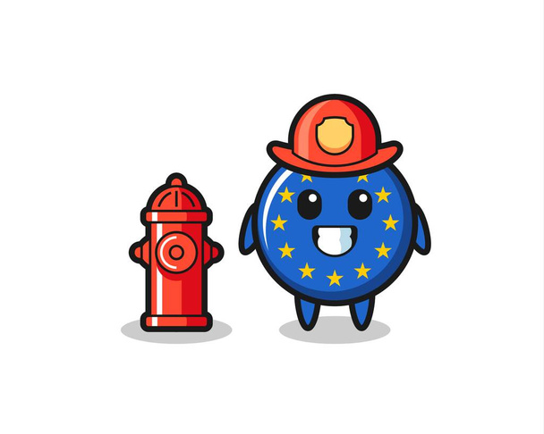 Mascot character of europe flag badge as a firefighter , cute style design for t shirt, sticker, logo element - Vector, Image