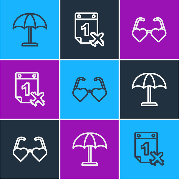 Set line Zonwering paraplu, Hartvormige liefdesbril en Kalender en vliegtuig icoon. Vector - Vector, afbeelding