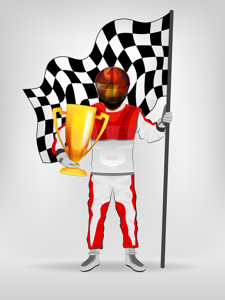 coureur en tenue générale rouge drapeau vérifié et tasse avec vecteur de casque
 - Vecteur, image