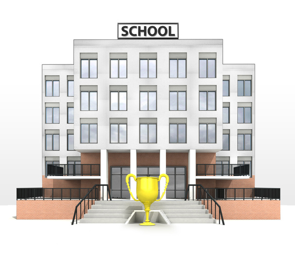 champion cup in front of modern school building - Photo, Image