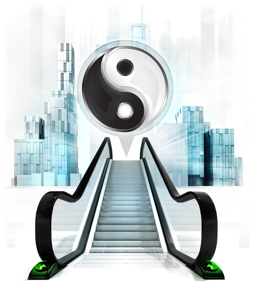yin yang εικονίδιο στην φούσκα πάνω από τις κυλιόμενες σκάλες - Φωτογραφία, εικόνα