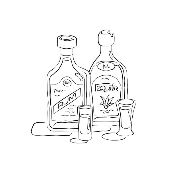 Μπουκάλι και γυάλινο ρούμι και τεκίλα μαζί στο χέρι στυλ. Εικονίδιο περιγράμματος ποτών. Εικονογράφηση εστιατορίου για εορταστικό σχεδιασμό. Σκετς με έργα τέχνης. Μαύρο περίγραμμα αντικειμένου σε λευκό φόντο - Διάνυσμα, εικόνα