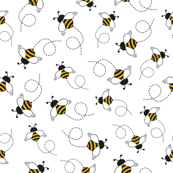 Patrón sin costuras de abeja. Abejas melíferas volando sobre fondo blanco. Bumblebee insecto vector ilustración - Vector, imagen