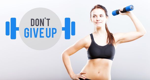 Dont give up slim woman with dumbbell - Photo, image