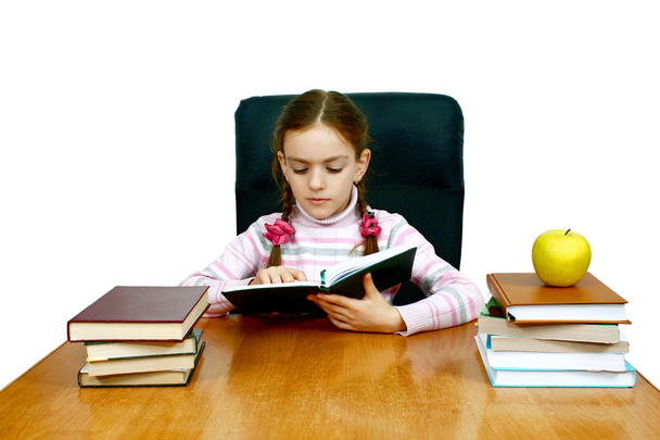Girl which reads a book at the writing table - Photo, image