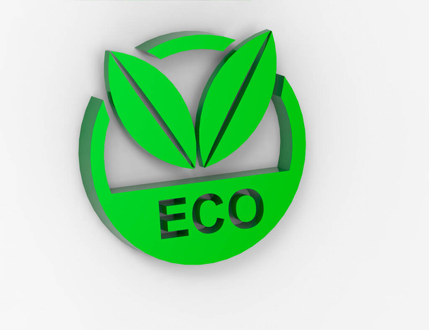 3D green and round icon with two leaves, eco message, sustainability, ecologic, recycling, environmental preservation, white background - Photo, Image