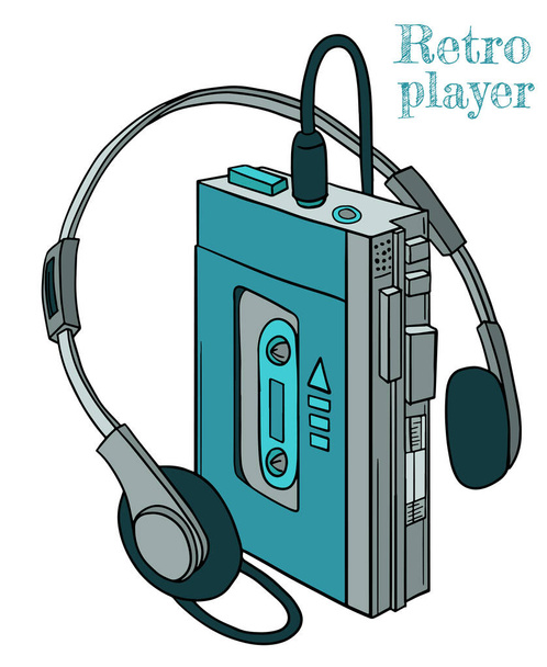  oude retro speler voor tapes in blauw-groene kleuren. tekenfilm stijl met slagen - Vector, afbeelding