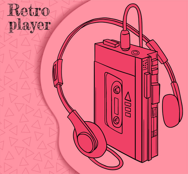  viejo retro player para cintas en color rosa. estilo de dibujos animados con trazos - Vector, imagen