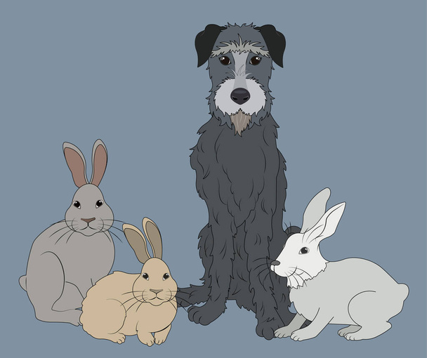 Irlandese wolfhound seduta con tre simpatici conigli - Vettoriali, immagini
