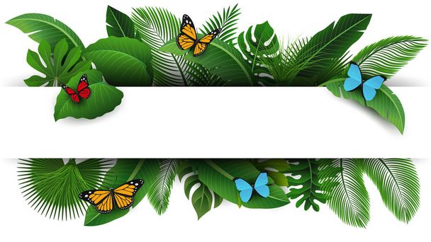 Sign with text space of Tropical Leaves and butterflies. Suitable for nature concept, vacation, and summer holiday. Vector Illustration - Вектор, зображення