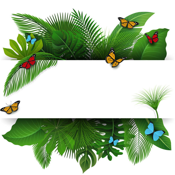 Sign with text space of Tropical Leaves and butterflies. Suitable for nature concept, vacation, and summer holiday. Vector Illustration - Вектор, зображення