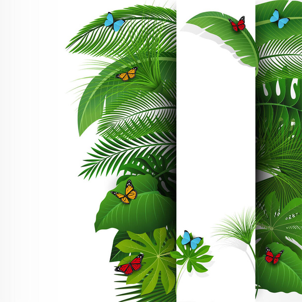 Sign with text space of Tropical Leaves and butterflies. Suitable for nature concept, vacation, and summer holiday. Vector Illustration - Vektor, obrázek
