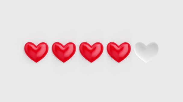 Five heart rating. Four of five red hearts. Rating consisting of red hearts on a white background. 3D rendering - Zdjęcie, obraz