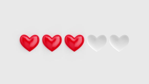 Five heart rating. Three of five red hearts. Rating consisting of red hearts on a white background. 3D rendering - Foto, immagini