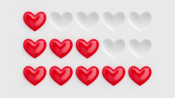 Five heart rating. Rating consisting of red hearts on a white background. 3D rendering - Foto, Imagem