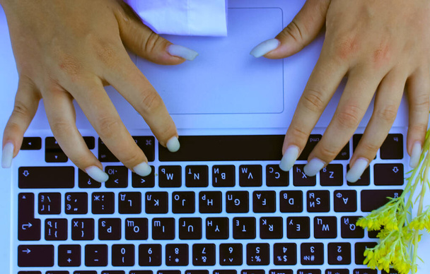 Una ragazza irriconoscibile in un abito bianco sta digitando su una tastiera portatile seduta su un plaid arancione in natura. Fiori gialli si trovano sul computer. Business online, comunicazione, studio, concetto di lavoro.  - Foto, immagini