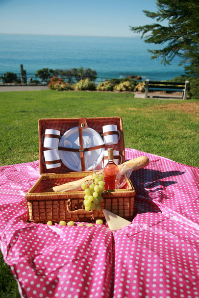 Un picnic. Cesto da picnic. Pranzo. Pranzo romantico. Appuntamento romantico. Un cestino da picnic con vino, uva e pranzo in spiaggia. Pranzo al picnic in spiaggia. Ottimo cestino da picnic con formaggio, fragole, uva, baguette, vino per picnic in spiaggia. Giornata romantica  - Foto, immagini