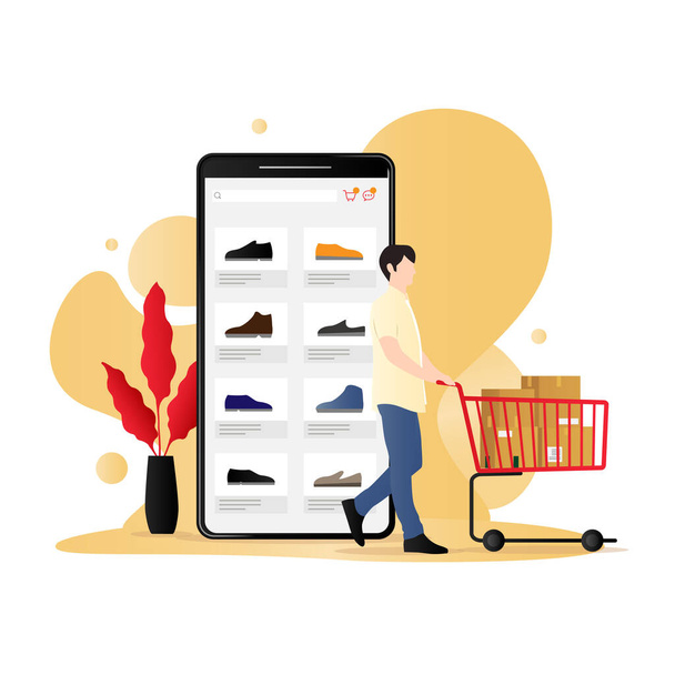 Mobile Commerce vector concept, a man with a cart full of shopping item, e-commerce advertising illustration. - Vector, Image