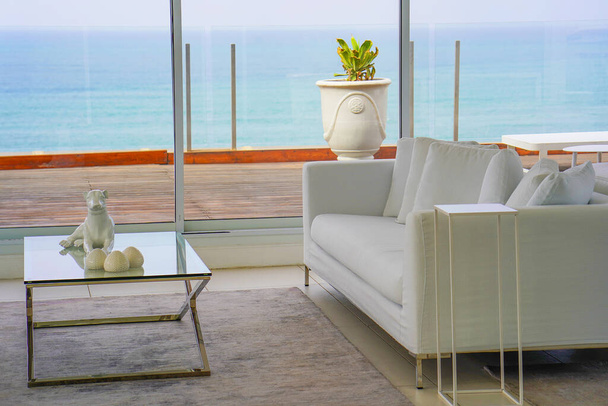 Beautiful living room with white sofa. White concept living room Interior. Modern bedroom interior in Luxury villa. White colours, big window - Foto, Imagen