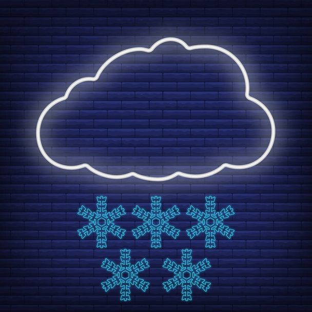 Mrak s sněhem, ikona sněhové vločky záře neonový styl, koncepce počasí stav obrys ploché vektorové ilustrace, izolované na černé. Brick background, web klima label stuff. - Vektor, obrázek