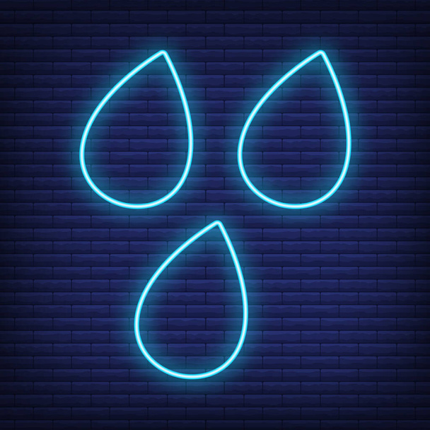 Rain drop icon glow neon style, concept weather condition outline flat vector illustration, isolated on black. Brick background, web climate label stuff. - Vector, Image