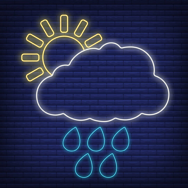 Sun cloud with rain icon glow neon style, concept weather condition outline flat vector illustration, isolated on black. Brick background, web climate label stuff. - Vector, Image