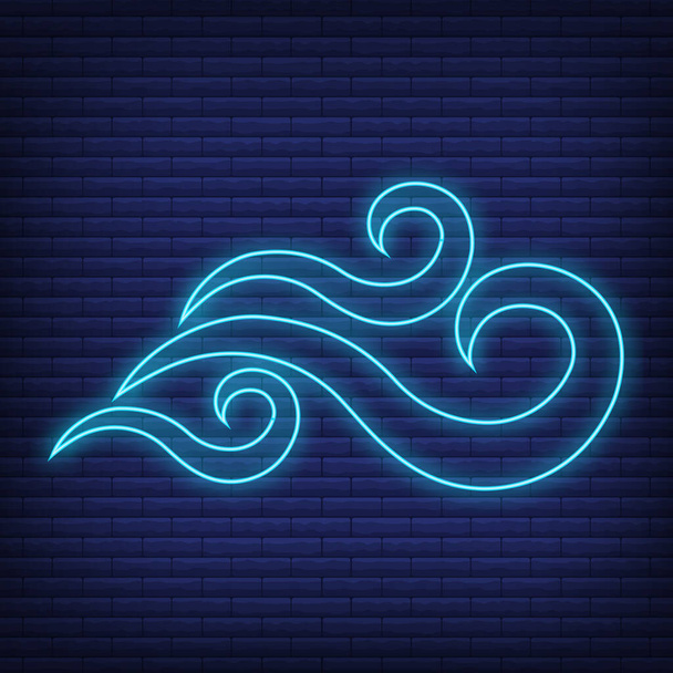 Wind icon glow neon style, concept weather condition outline flat vector illustration, isolated on black. Brick background, web climate label stuff. - Vector, Image