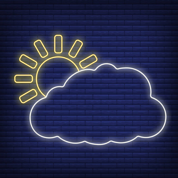 Sun with cloud icon glow neon style, concept weather condition outline flat vector illustration, isolated on black. Brick background, web climate label stuff. - Vector, Image