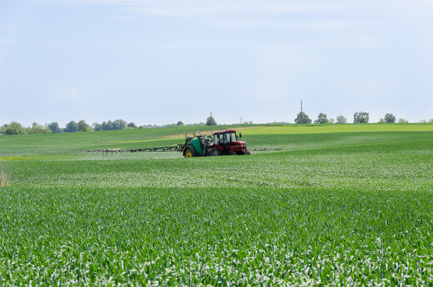 traktorin suuttimet lannoittamalla viljelykasvien kenttä
   - Valokuva, kuva