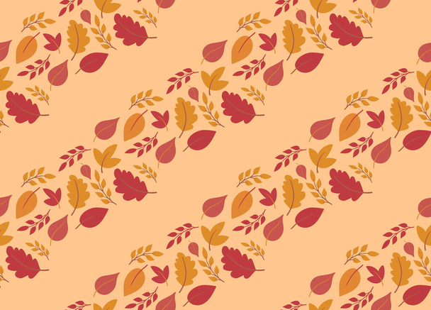 Cute autumn seamless pattern background with colorful falling leaves in diagonal lines on beige backdrop. Vector texture in simple hand drawn style for fall design, Thanksgiving - Vektor, obrázek