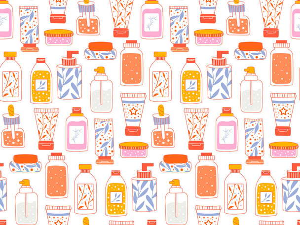 Seamless repeating pattern with cosmetics. A set of bottles and tubes, jars for skin care with face, hair and body cream. Fashion style for a postcard, banner, template for wrapping paper. Vector - Vector, Image