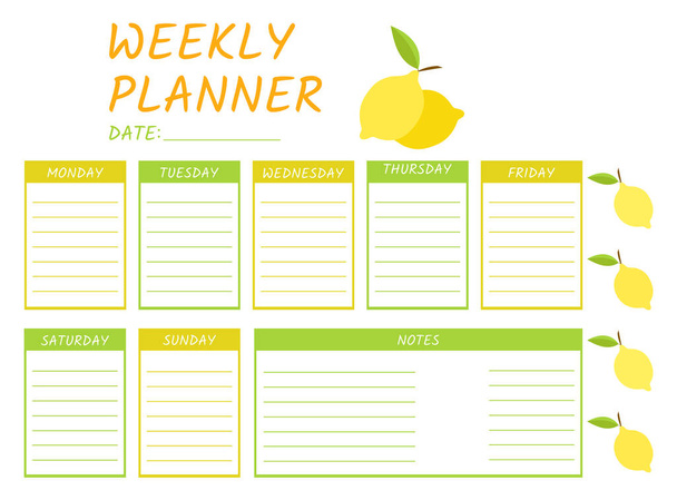 Cute Calendar Weekly Planner Template with vector lemon Illustration - Vector, Image