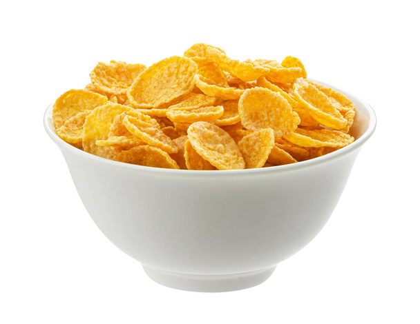 Bowl of corn flakes isolated on white background, top view - Foto, Imagem