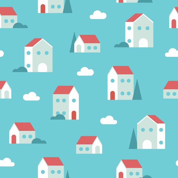 青い色の小さな幾何学的な家、雲や木のシームレスなパターン。ベクトル手描き漫画のスキャンディナヴィアスタイルのイラスト。布、壁紙、繊維のためのカラフルなプリント - ベクター画像