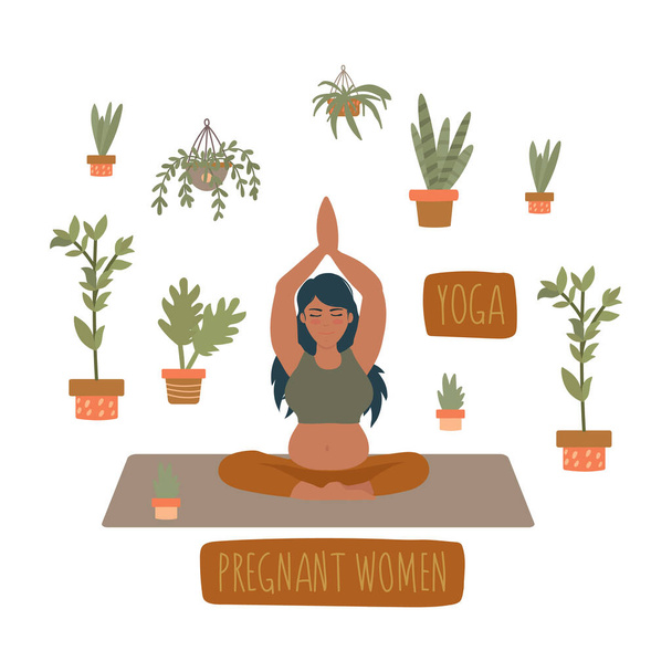 Poster of yoga during pregnancy. A beautiful young pregnant woman is in peace and among the plants. Yoga for pregnant women. - Вектор,изображение