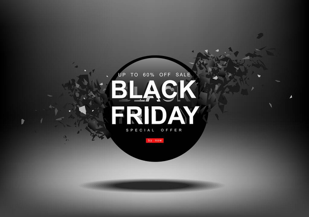 Black Friday sale background. Blast wave with flying fragments. Sale, black friday, creative template. - Vector, Image