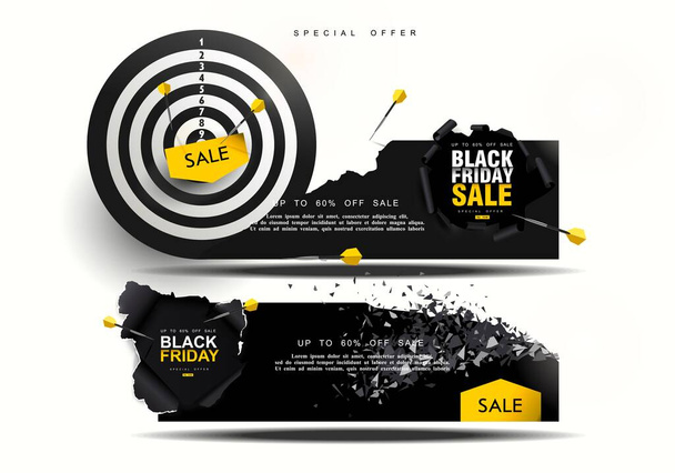 Black Friday discount coupon. Blast wave with flying particles. Explosive coupon sale, darts. - Vector, Image