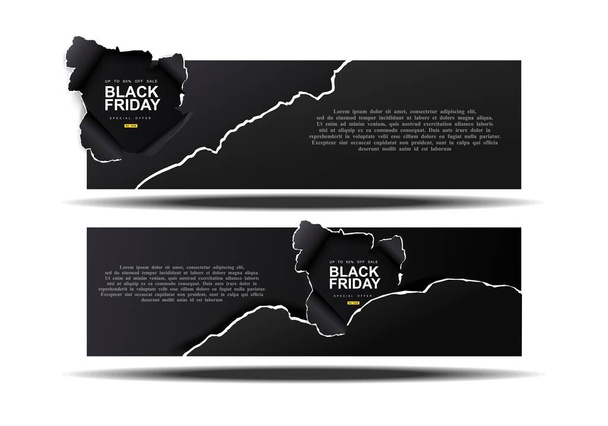 Black Friday discount coupon. Hole in black paper on black background. - Vector, Image