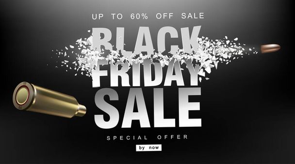 Black Friday sale. Blast wave with flying particles. Shot at prices with a flying bullet - Vector, Image