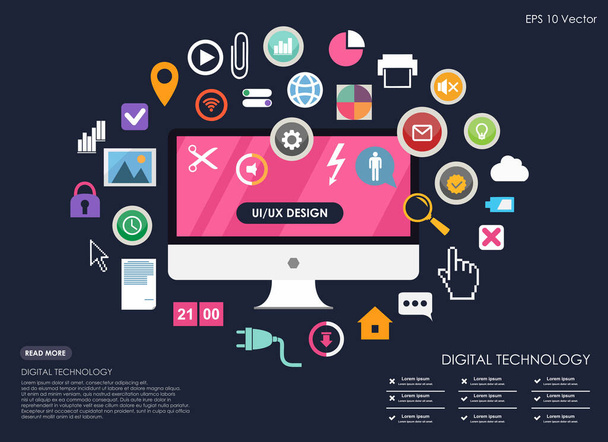 The process of developing interface for pc flat design template for mobile app and website design - Vector, Image