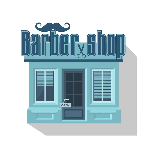 Illustrazione di piccolo negozio carino per gli uomini. Salone da parrucchiere maschile. Barbiere. Elegante parrucchiere o negozio di barbiere. Taglio, styling, lavaggio - Vettoriali, immagini