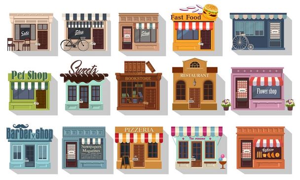 Conjunto de bonitas tiendas. Ilustración de un conjunto de pequeñas tiendas y restaurantes o boutiques. Café bistro y pequeñas tiendas. Gran conjunto de iconos - Vector, imagen