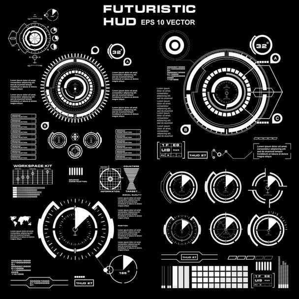 Futuristic black and white HUD, virtual touch user interface in flat design - Vector, Image