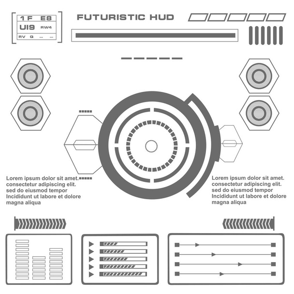 HUD preto e branco futurista, interface de usuário de toque virtual em design plano - Vetor, Imagem